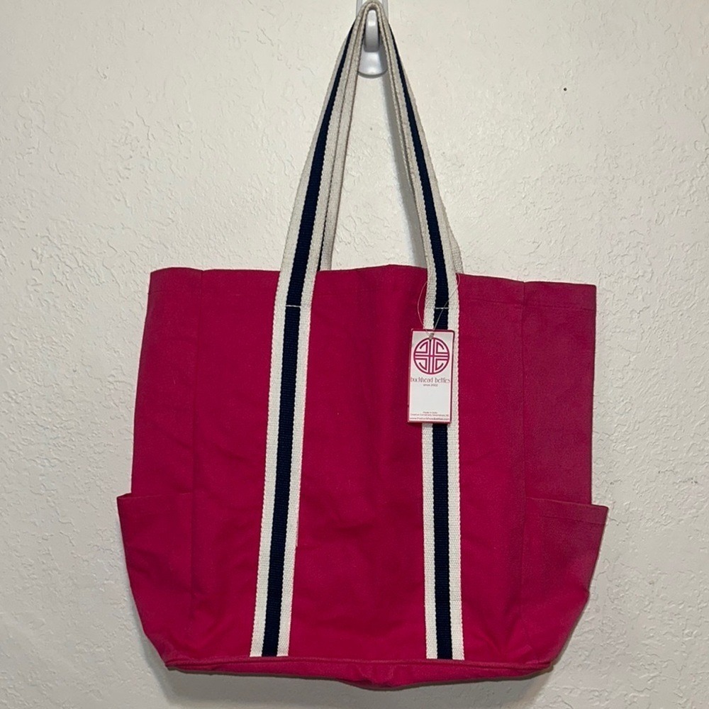 Buckhead Betties Pink Parker Tote Canvas Bag Navy Striped Handles Flawed NWT